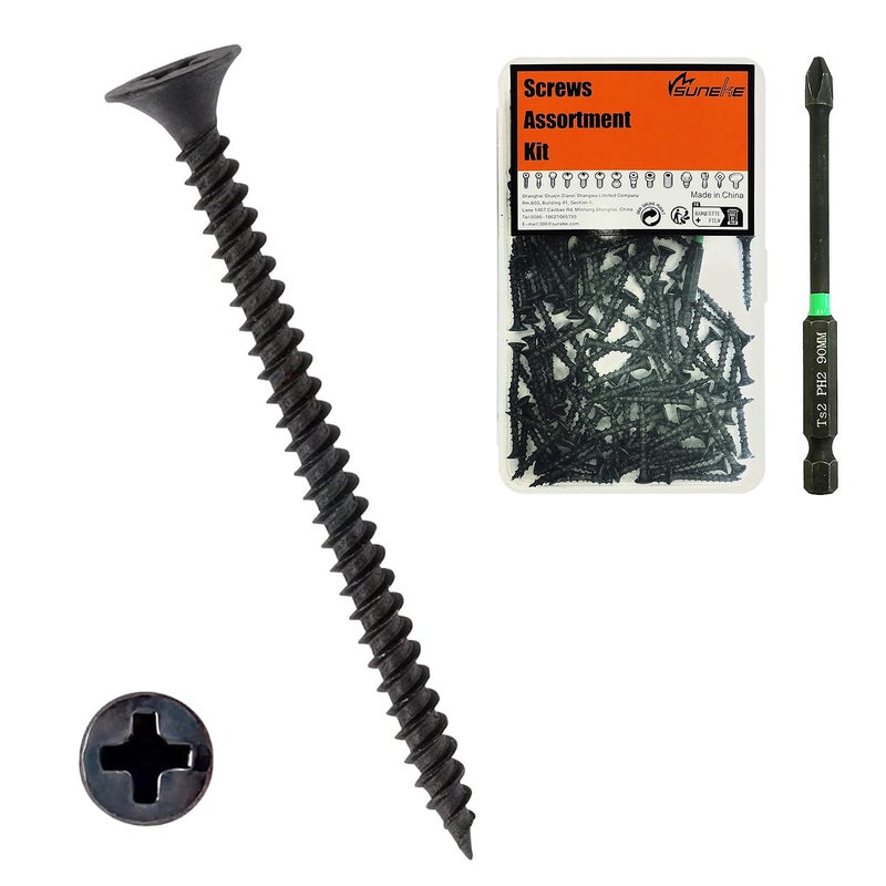 SUNEKE 110PCS #8 X 2 High Hardness Drywall Screws, Black Phosphate, Coarse Thread, Phillips Drive, Bugle Head, Wood Screws with Organizer Box & 1 Phillips PH2#2 Long Bit - Image 1